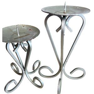 Set Of 2 MCM Silver Metal Pillar Candle Holders With Swirl Design Small‎ & Large